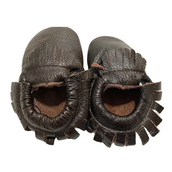 New Glossy Brown Leather Fringe Moccasins - Picture 2 of 4